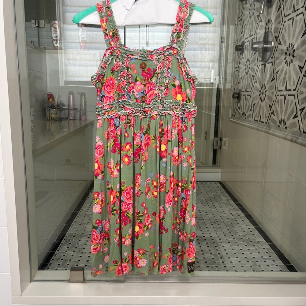 Matilda Jane Size 12 Floral Sundress - Green with Pink Flowers